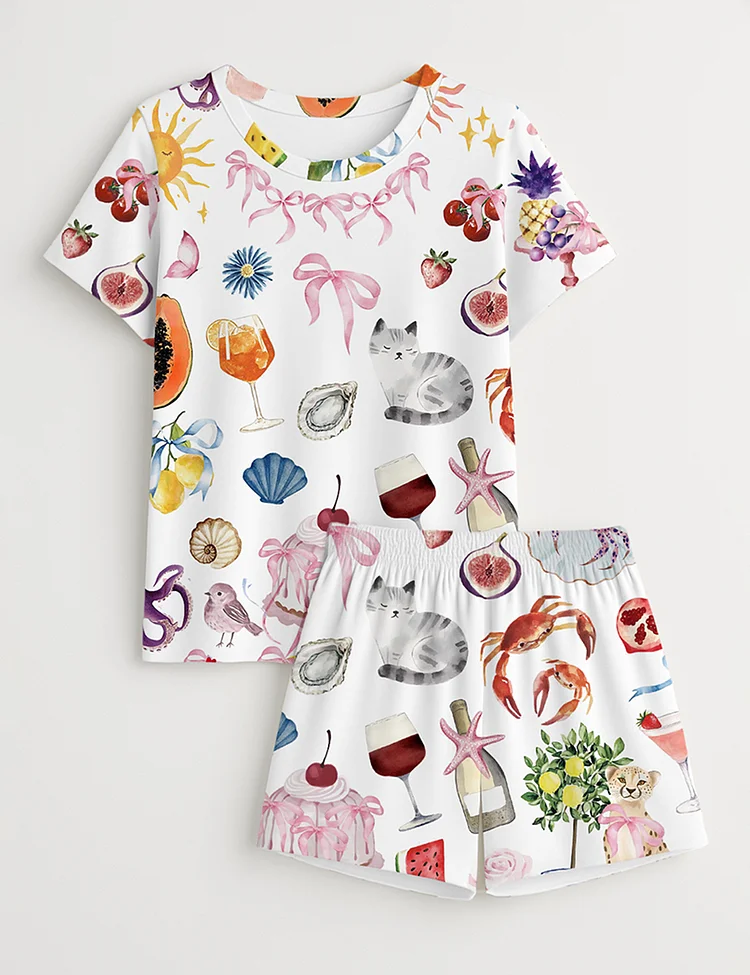 Women&rsquo;s Whimsical Wedding Dolce Vita Wedding Coquette Mediterranean Aperol Spritz Trio Champagne Wine Short Sleeve Pajama Set