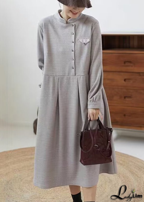 Casual Grey Stand Collar Wrinkled Patchwork Cotton Dresses Fall