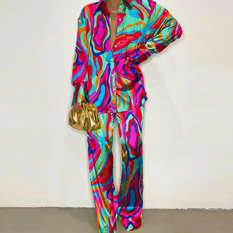 Fashion Tie-dye Print Loose Two Piece Suits Elegant Lapel Botton Shirt And Straight Pants Sets Women Casual Long Sleeve Outfits