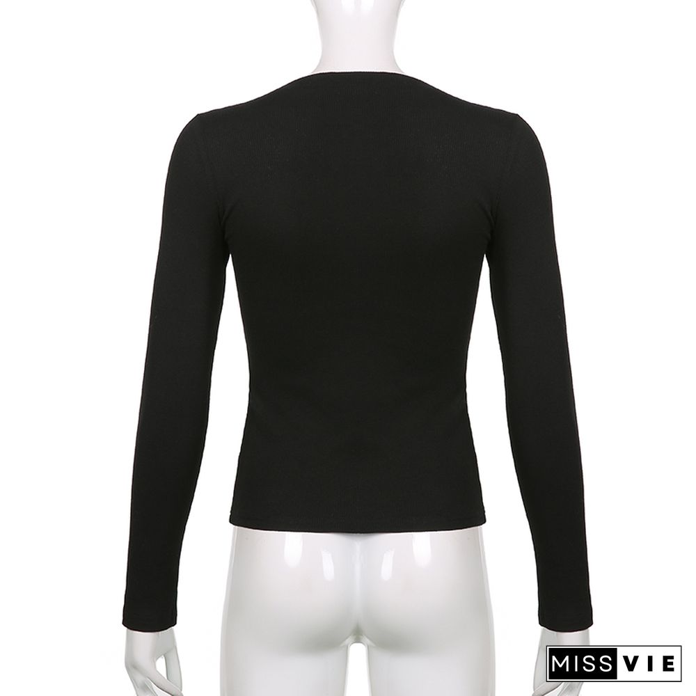 Goth Print Cute Graphic T Shirts Women Black Techwear Long Sleeve Basic Autumn Tops Cropped Tee Shirt E Girl Streetwear