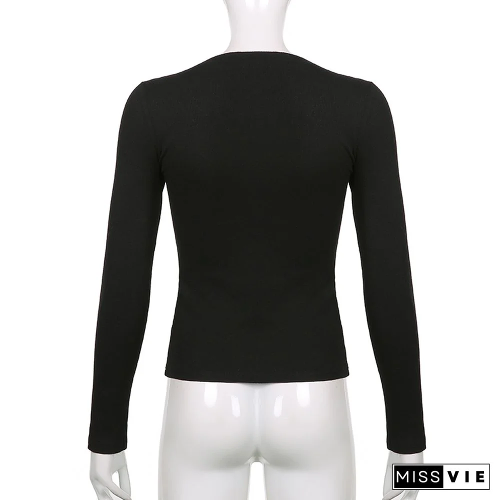 Goth Print Cute Graphic T Shirts Women Black Techwear Long Sleeve Basic Autumn Tops Cropped Tee Shirt E Girl Streetwear