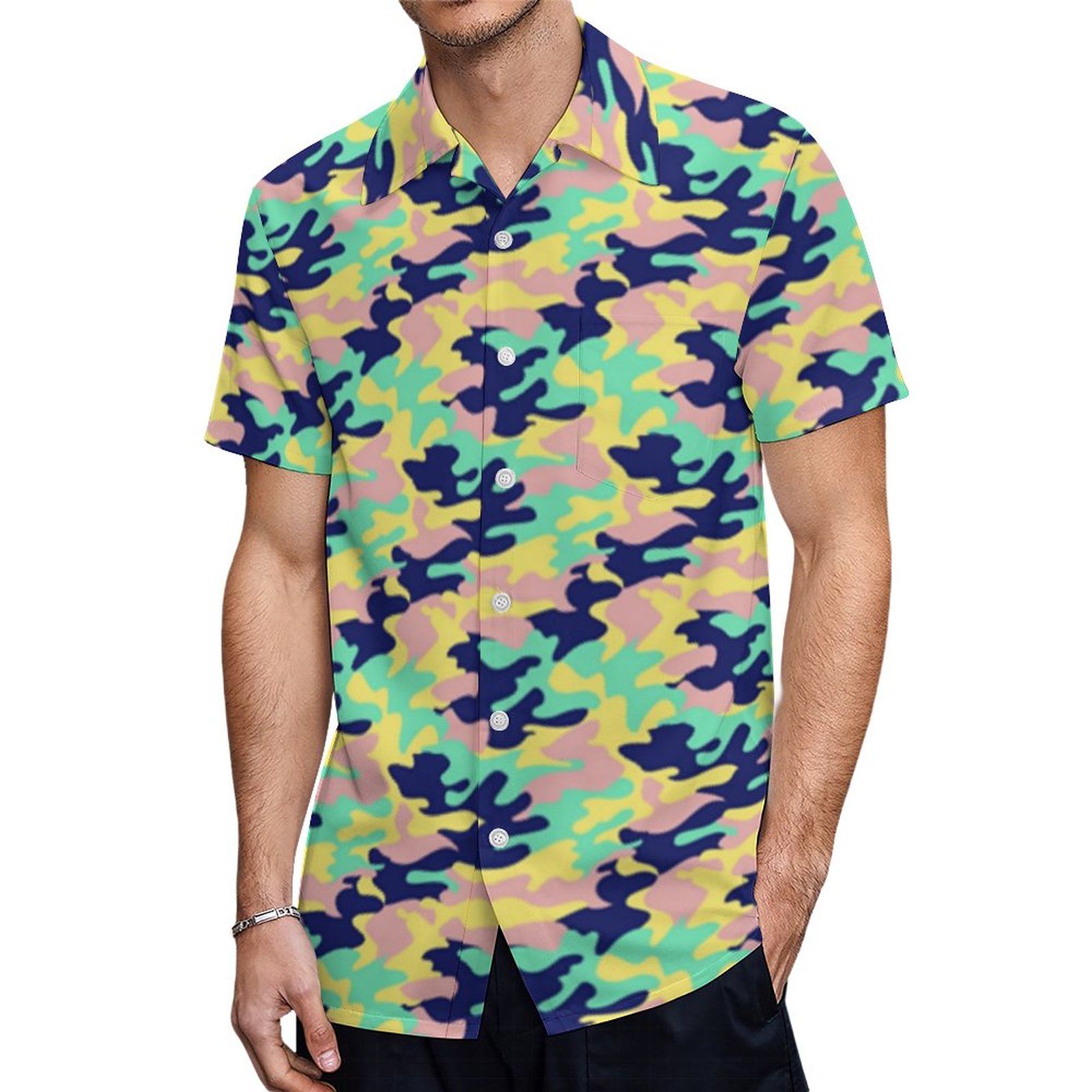 Yellow Pink Dark Blue Camouflage Hawaiian Shirt Mens Button Down Plus Size Tropical Hawaii Beach Shirts