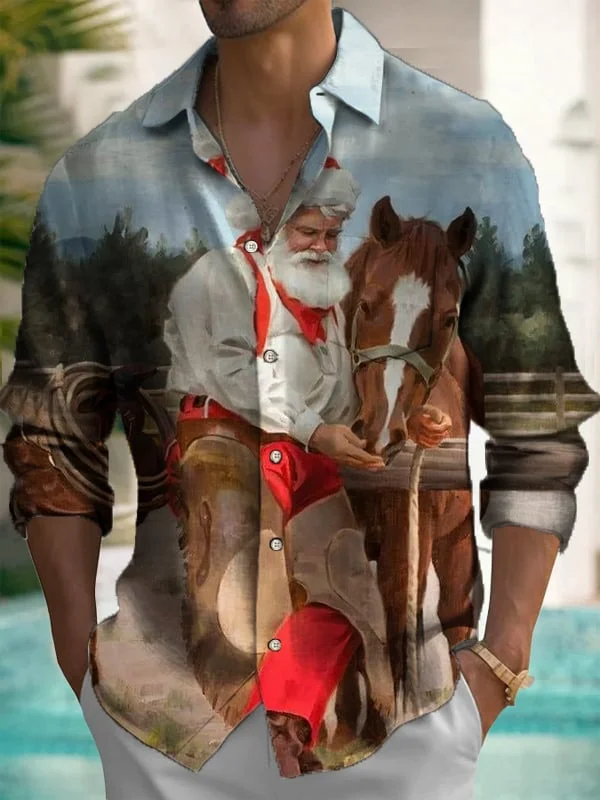 Men's Vintage Christmas Print Long Sleeve Lapel Shirt