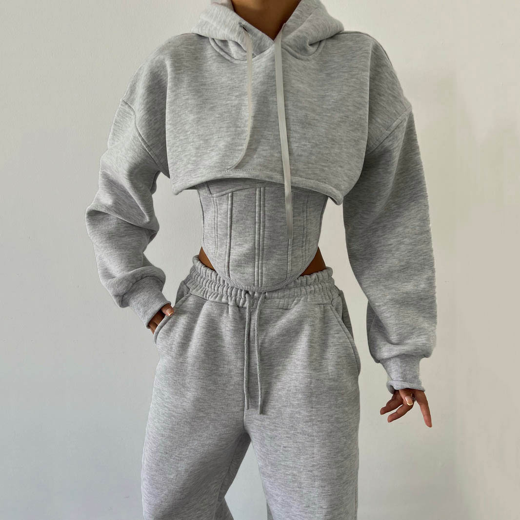 Drawstring Hooded Short Sweatshirt Drawstring Pants 3-Piece Set