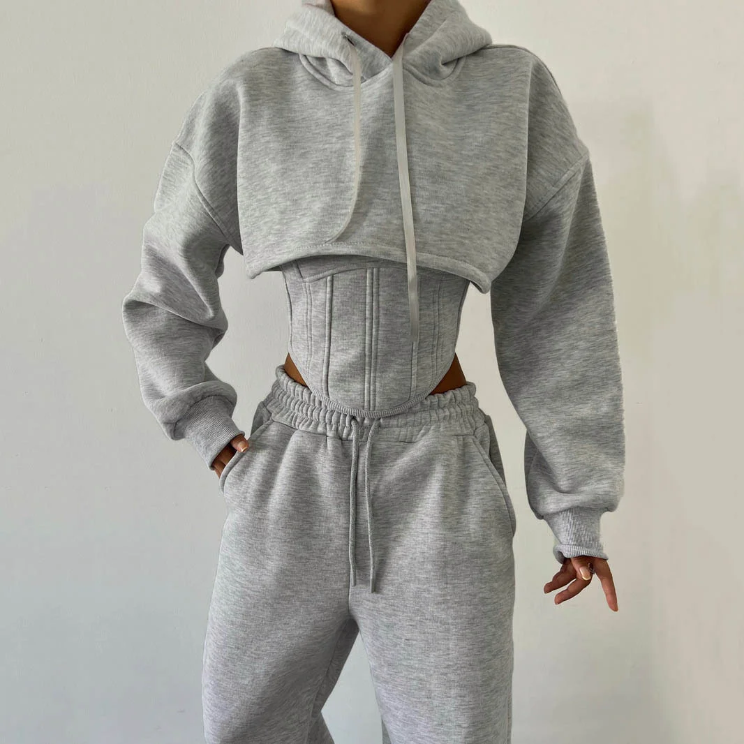 Drawstring Hooded Short Sweatshirt Drawstring Pants 3-Piece Set