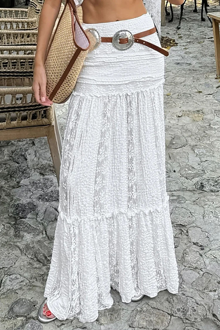 Jacquard Lace Semi-Fitted Maxi Skirt-White