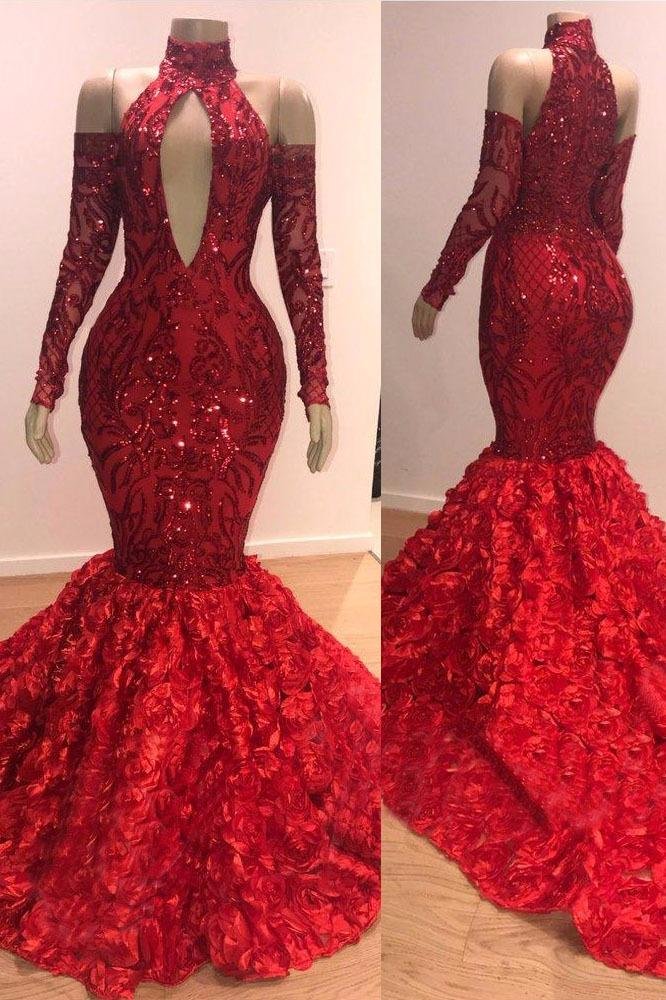 Long Sleevess Sequins Prom Dress Mermaid Flowers Evening Gowns - lulusllly