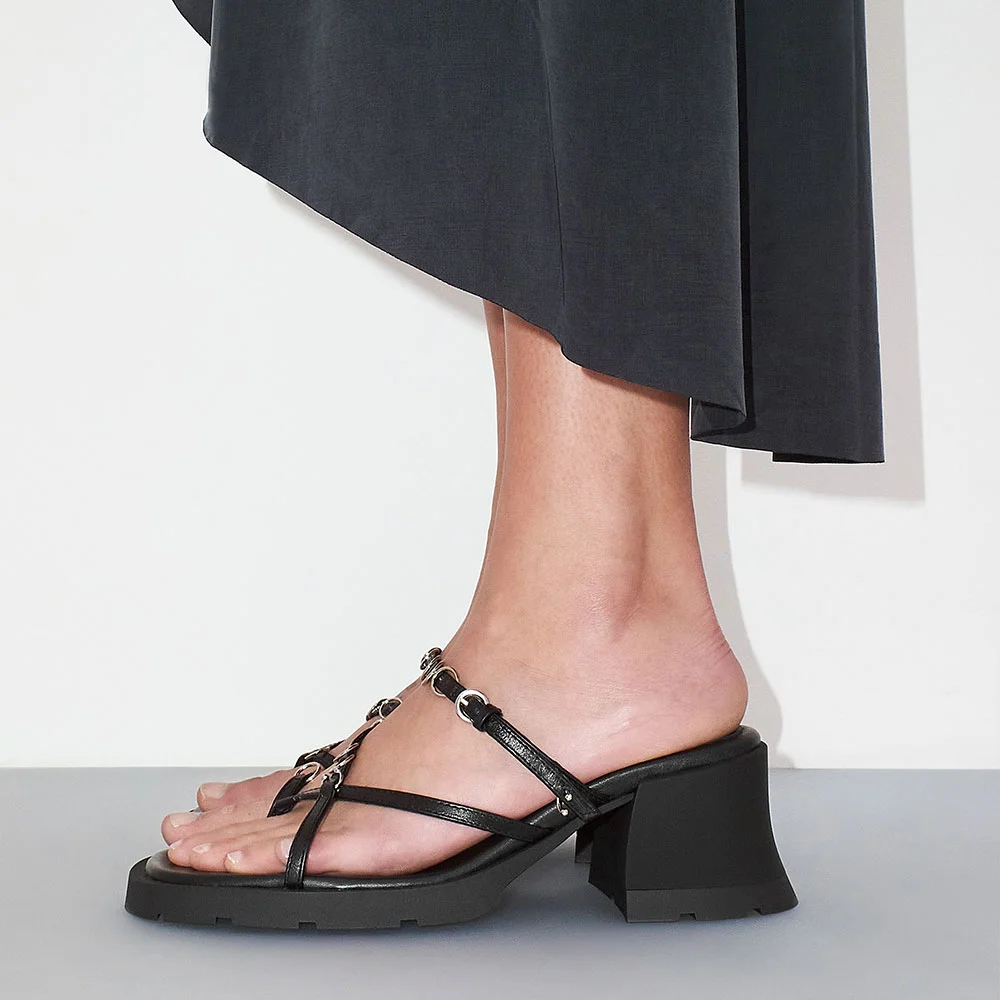Black Round Toe Chunky Heel Hoops Buckle Flip Flops Mules Sandals
