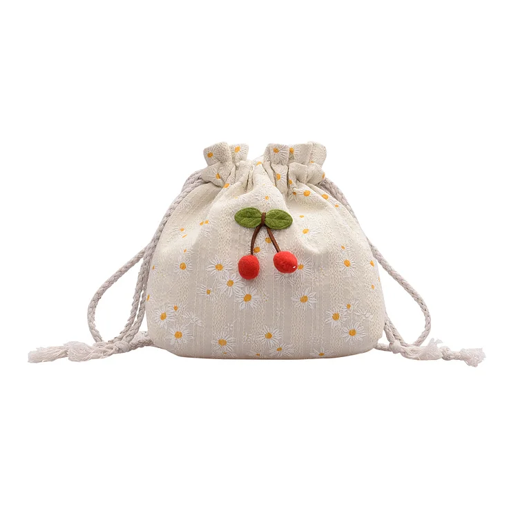Women Drawstring Shoulder Bags Daisy Print Cherry Small Crossbody Pocket