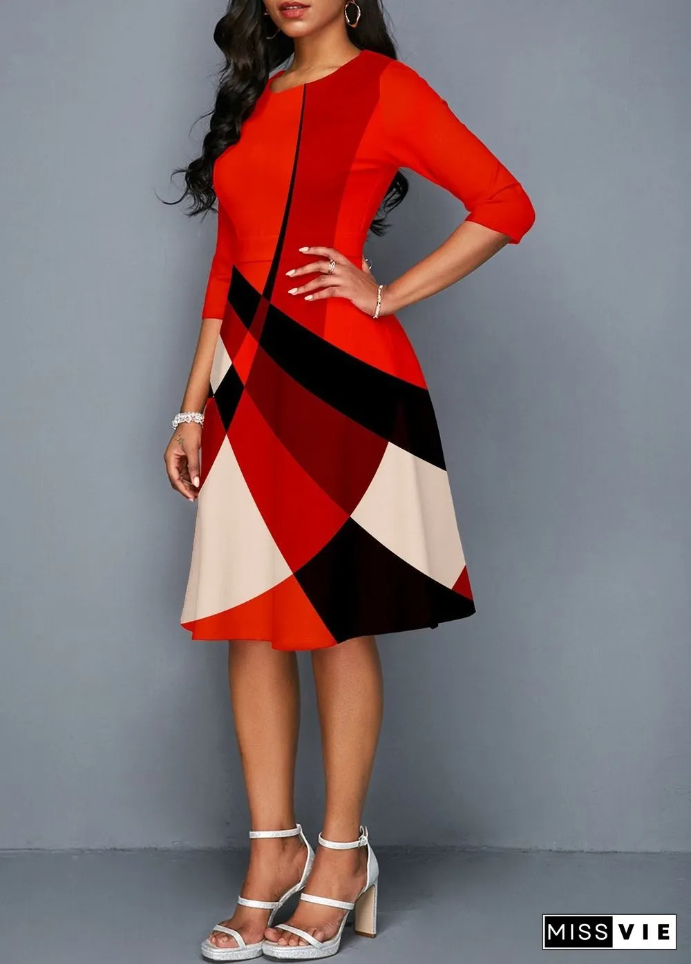 White&Red Joint Three Quarter Sleeve Dress