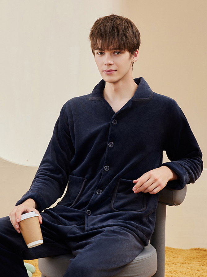 Regular Fit Casual Plain Shawl Collar Couple Long Sleeve Pajama Set