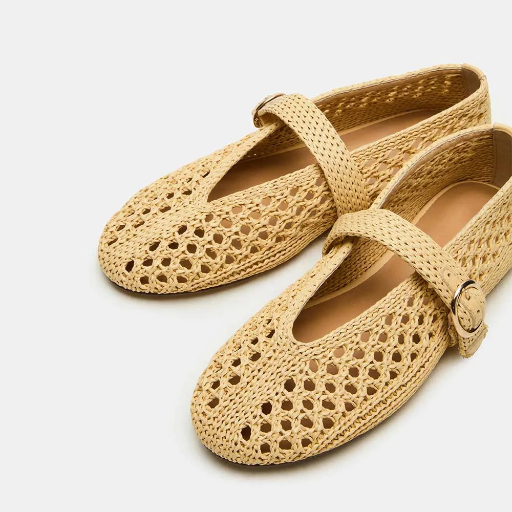 Stylish Raffia Round Toe Buckle Strap Flat Shoes Women in Yellow