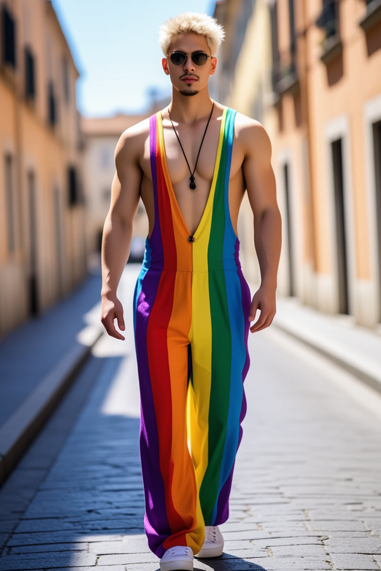 Men's Rainbow Stripe Deep V Neck Pride Straight Leg Jumpsuit [Pre-Order]