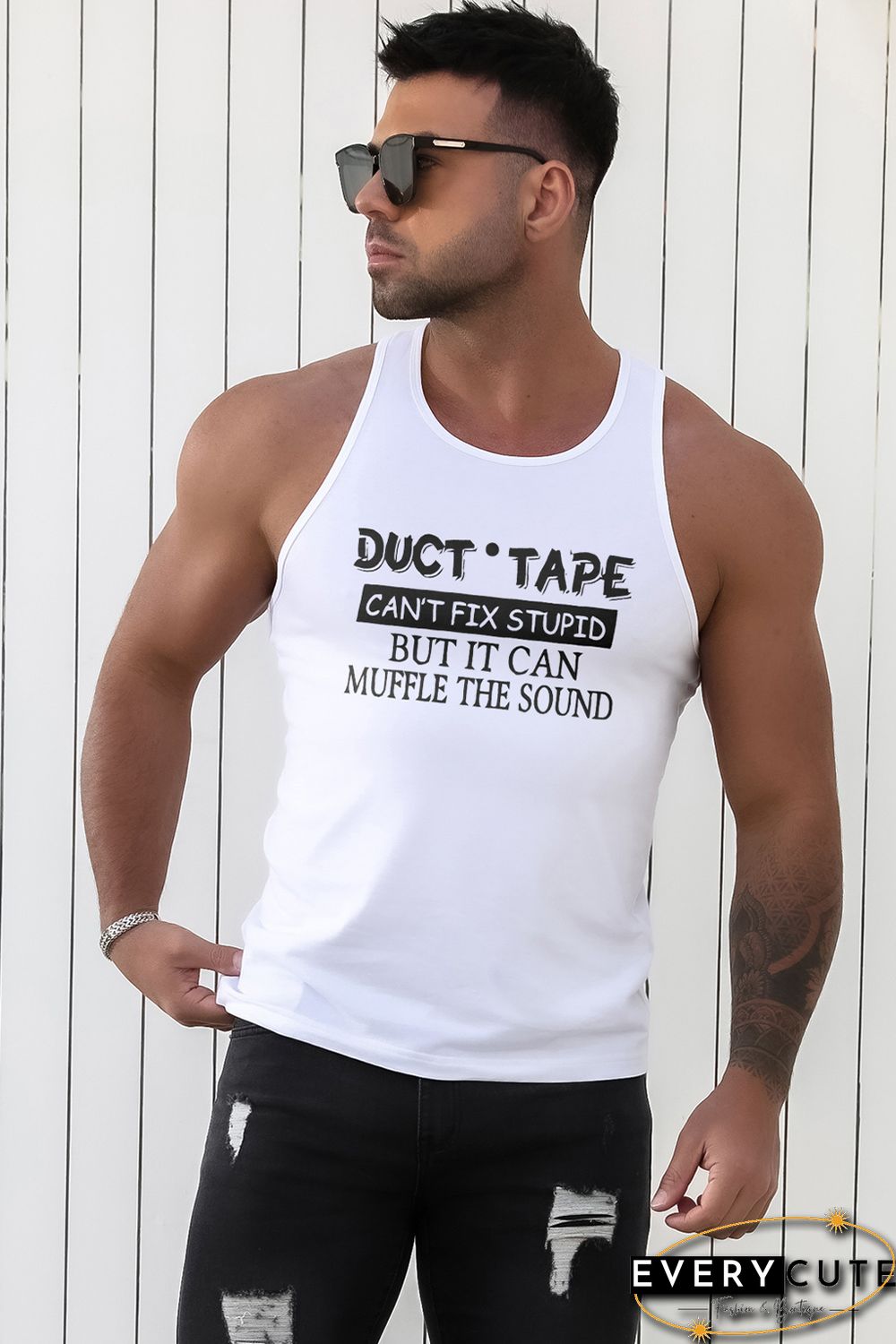 White DUCT TAPE Letter Print Muscle Fit Racerback Tank Top
