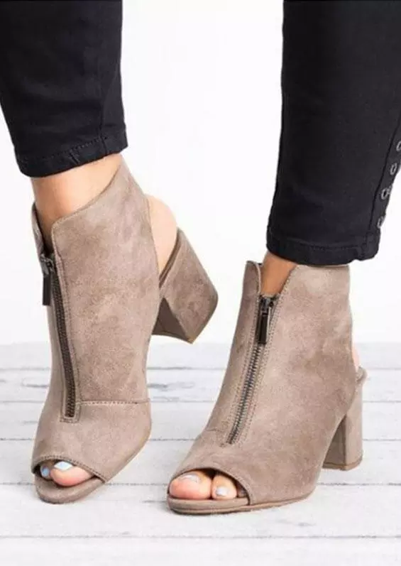 Zipper Peep Toe Square Heel Sandals - Gray