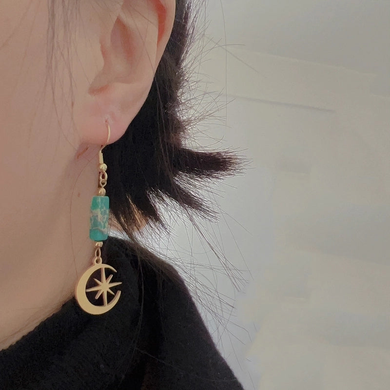 1 Pair Ethnic Style Star Moon Stainless Steel Natural Stone Drop Earrings