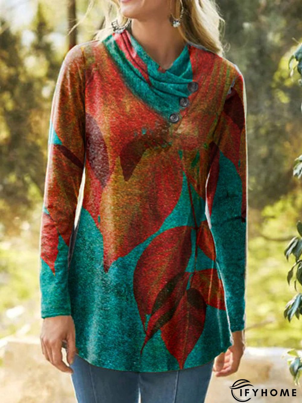 Cowl Neck Long Sleeve Floral-Print Leaves Tunic Top | IFYHOME