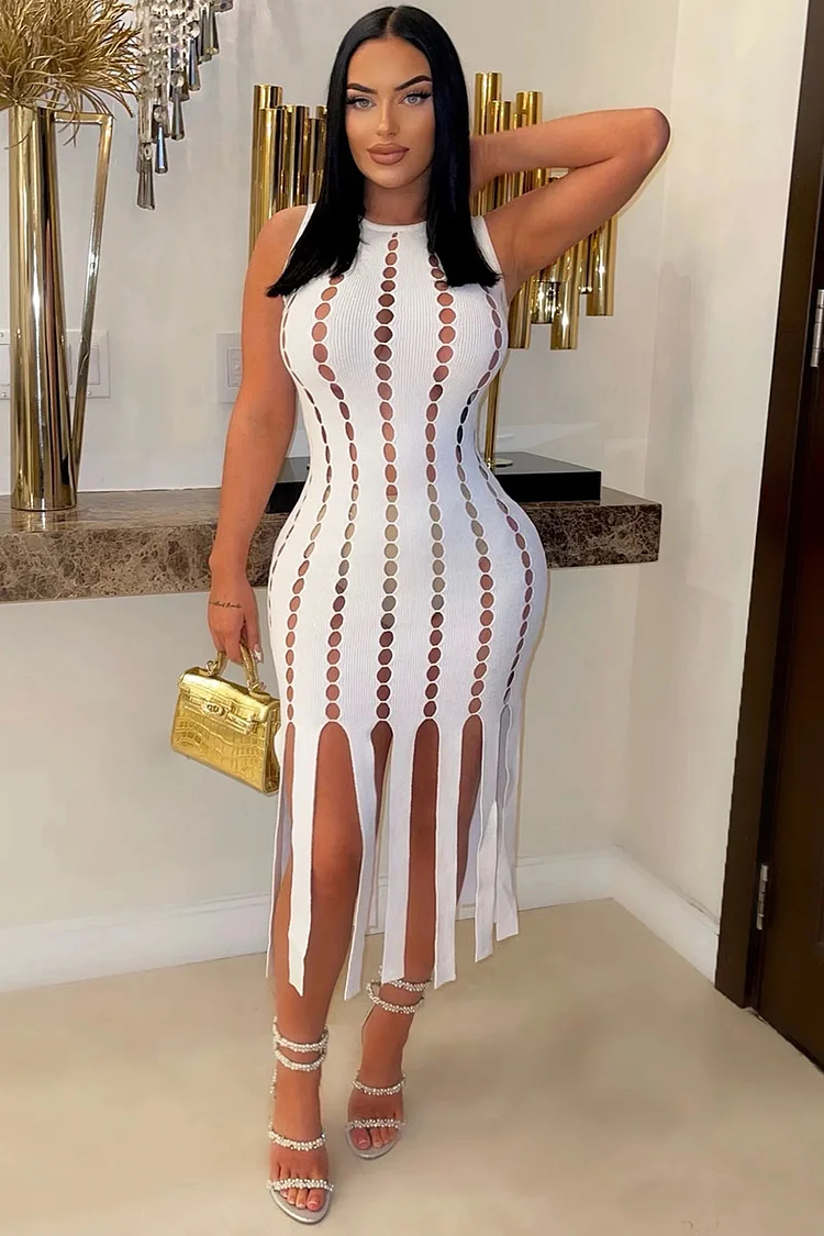 Knit Sleeveless Hollow Out Fringed Bodycon Vacation White Midi Dresses