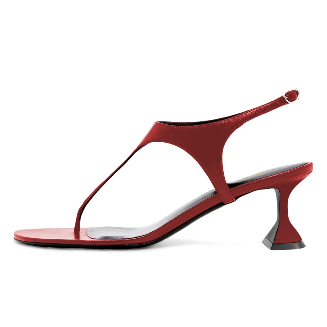 Red Open Toe T-Strap Flip-Flop Style Flared Heeled Sandals