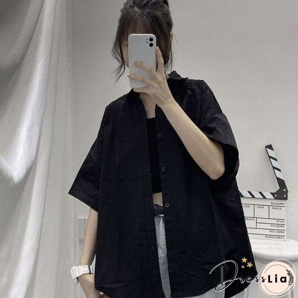 Blouses Shirts Three Quarter Sleeve Women Summer Solid Ulzzang Black Outwear Tops All-match Ins Retro Womens Fashion Students