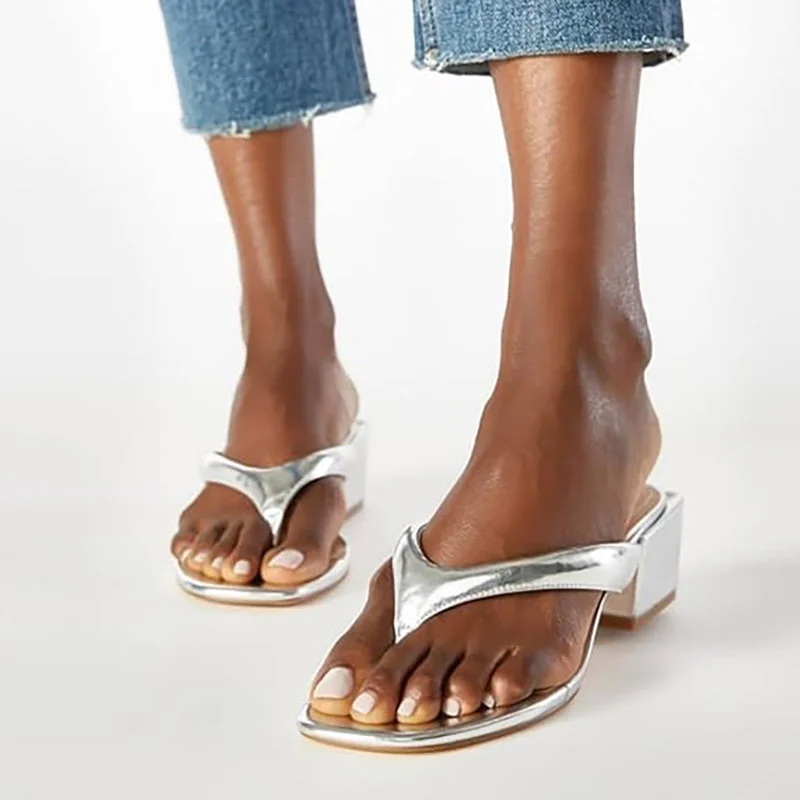 Silver Metallic Finish Open Toe Block Heel Flip Flops for Women