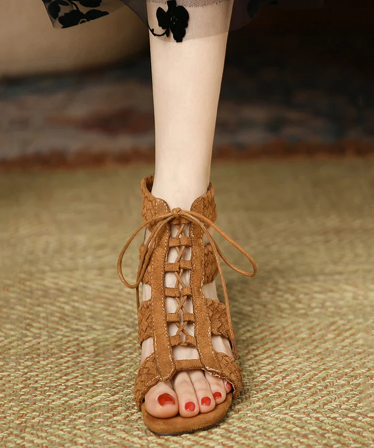 Boutique Brown Chunky Suede Comfy Splicing Lace Up Sandals