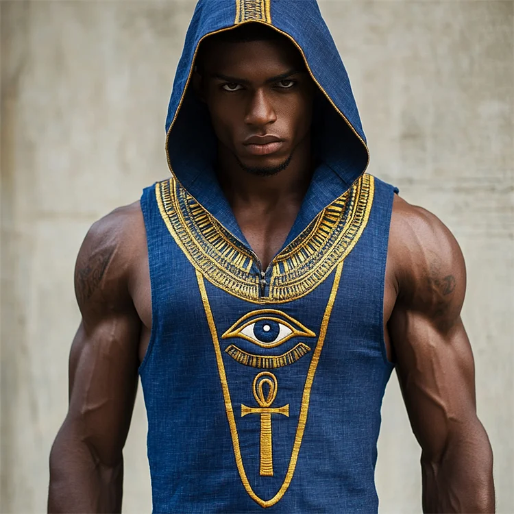 Men's Eye Of Horus Ankh Ancient Egyptian Hooded Linen Tank