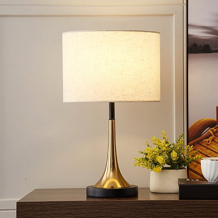 White Shaded Table Lamp Simplicity 1-Light Fabric Night Stand Light with Brass-Black Base