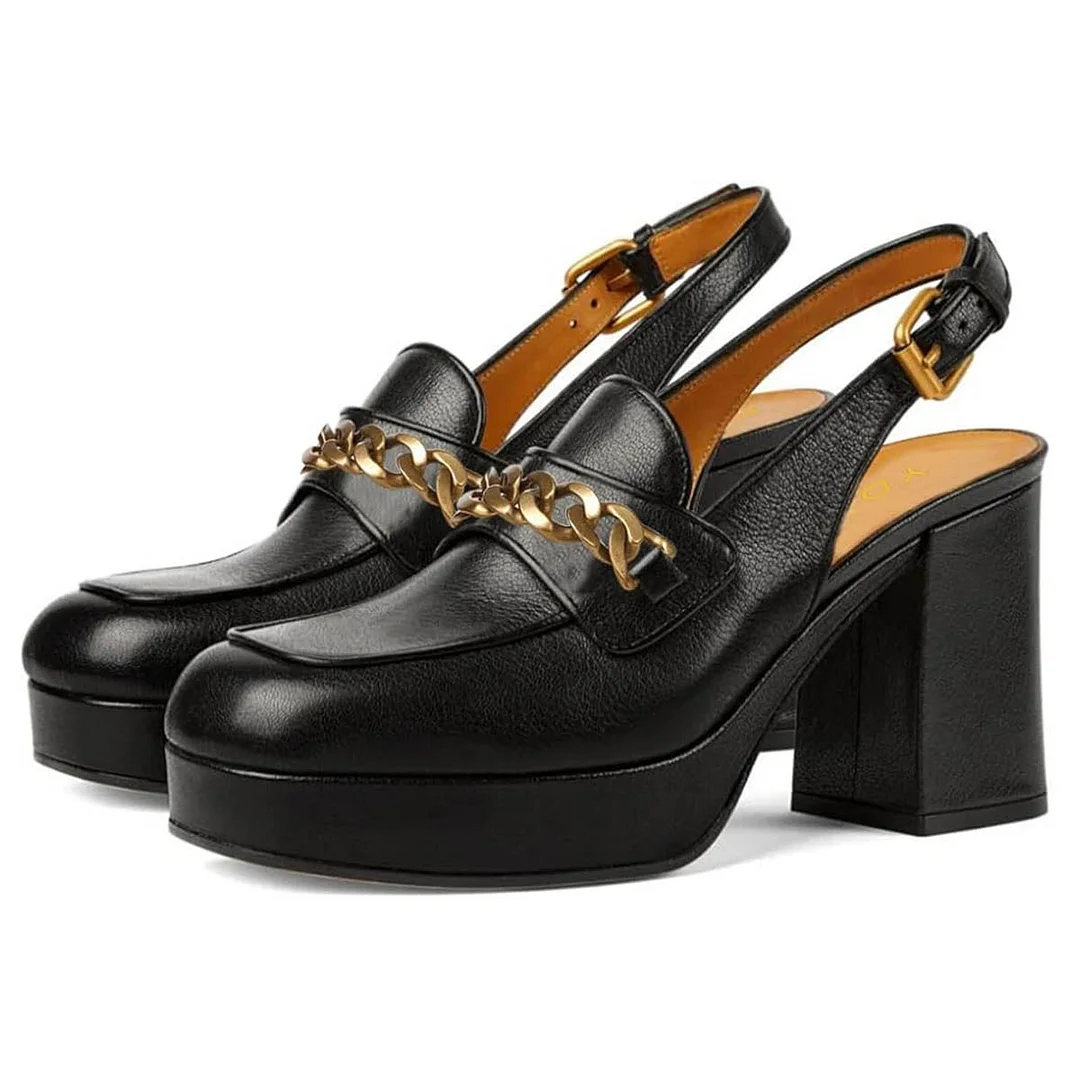 Black Square Toe Chain Decor Slingback Platform Loafers Women