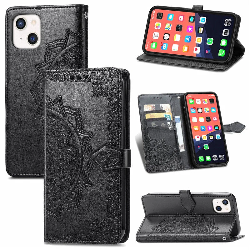Phone Case iPhone 13 Pro Max Mini Embossed Flip Protective Case Mandala Embossed Artificial Leather Free Lanyard