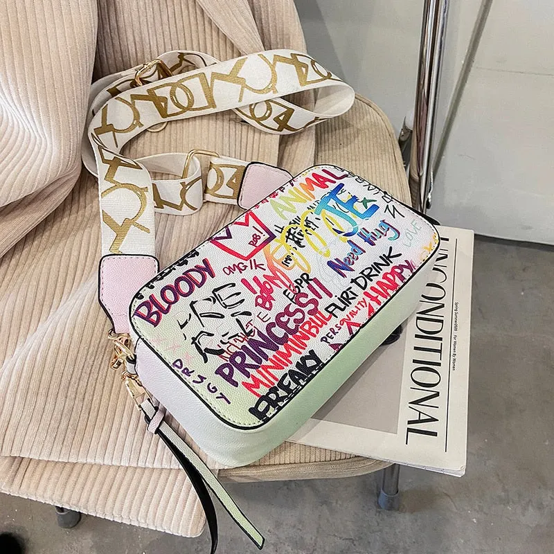 էѧӧܧ Graffiti Design Small PU Leather Crossbody Shoulder Bags for Women 2021 Lady Trendy Travel Branded Handbags Purses