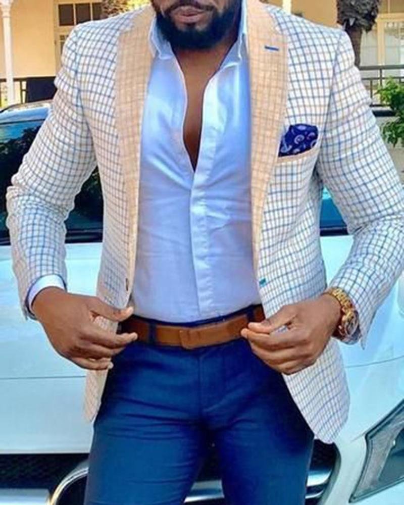 Men's Casual Beige Blue Plaid Elegant Blazer