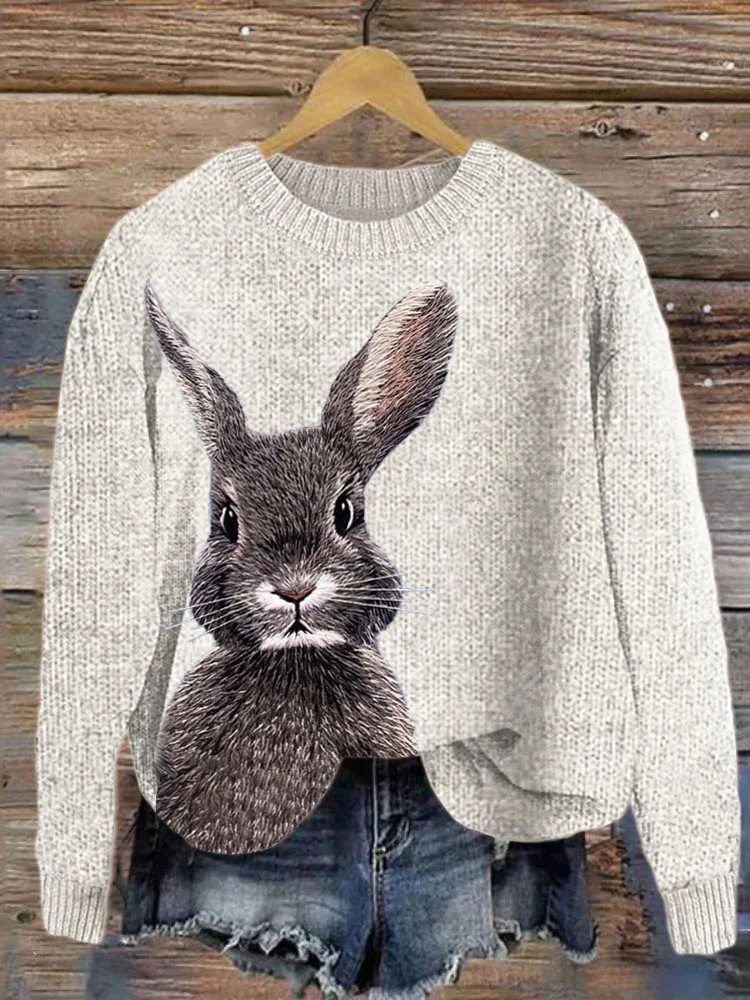 Cute Bunny Embroidery Art Cozy Knit Sweater