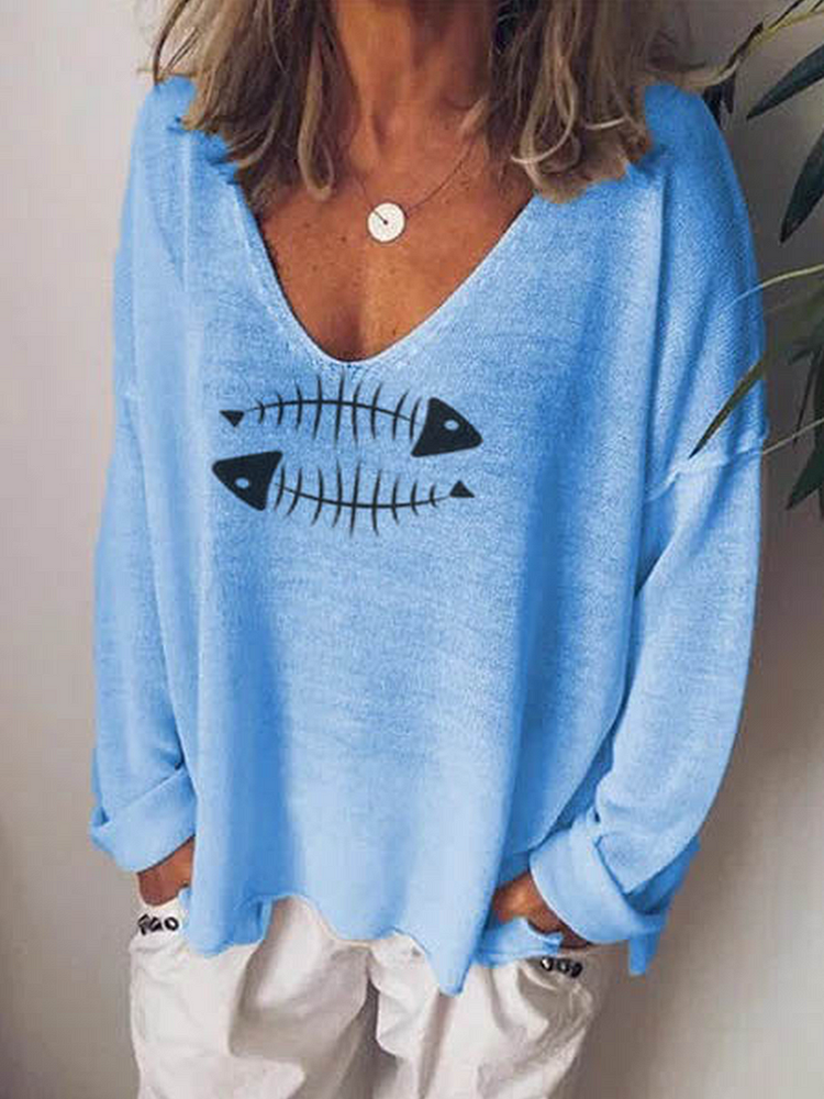 Cotton-Blend Casual V Neck Animal T-Shirt
