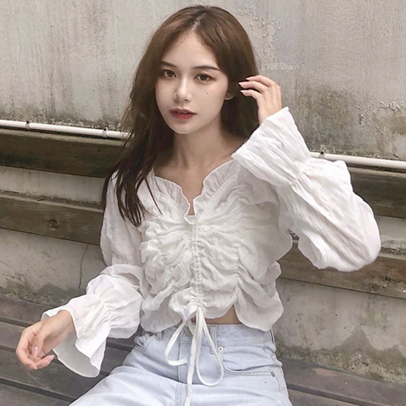 Korean Fashion Blouse Women 2021 Lace up Crop Top Ruffle Drape White Shirt Flare sleeve V neck