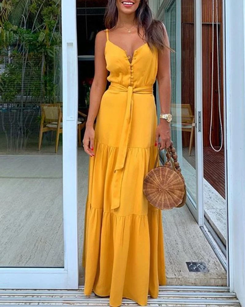 Personalized Button Sexy V-neck Splicing Suspender Dress