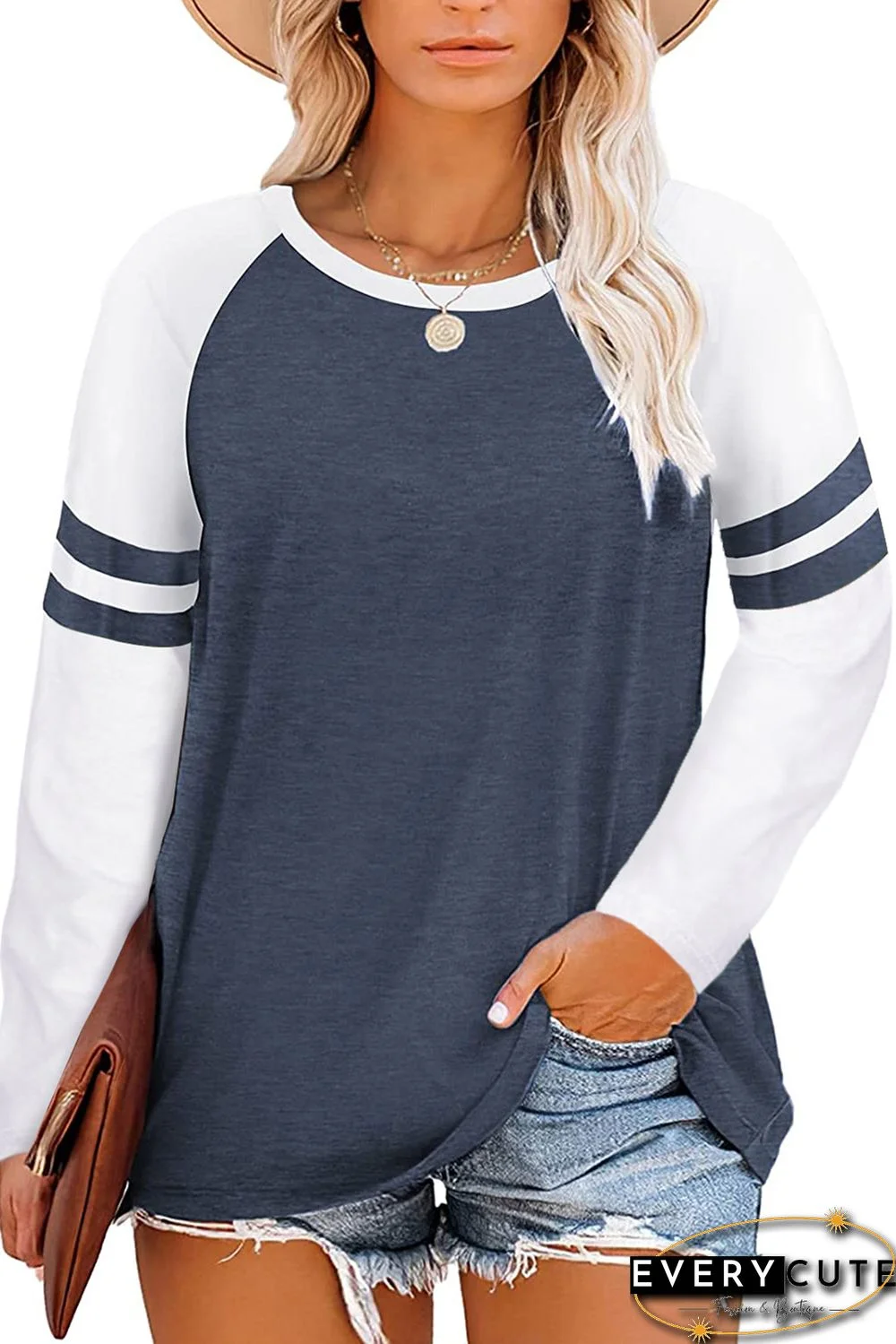 Blue Crewneck Striped Splicing Sleeve Patchwork Plus Size Top