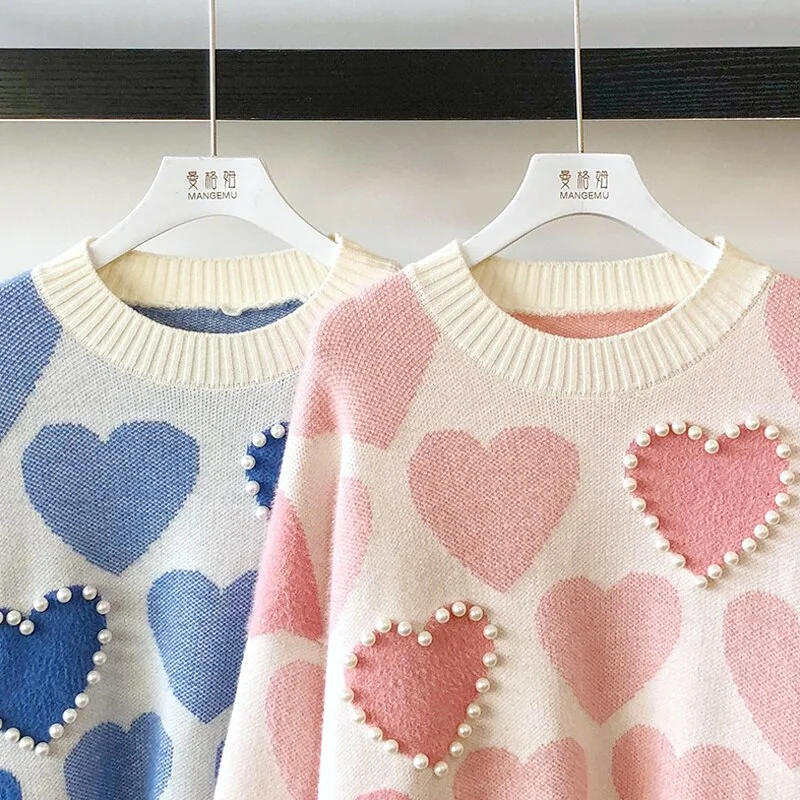 Huiketi Women's Knitted Sweater Korean Version Loose Pearls Beading Jumpers Spring Autumn Pink Sweetheart Long Sleeve Pullover Women 1007