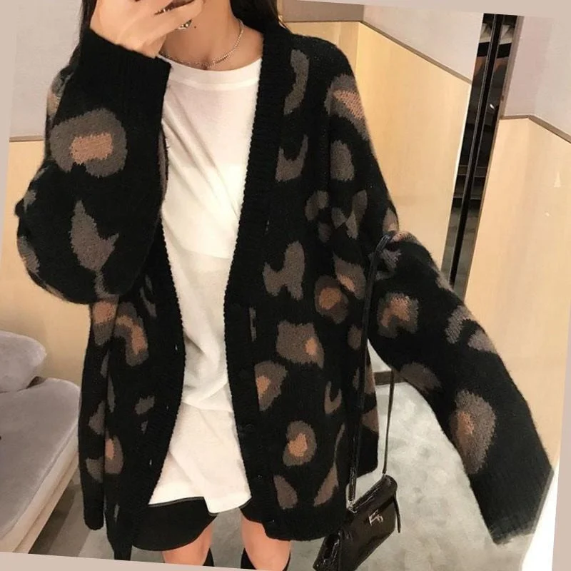 Women Sweaters Korean Casual Autumn Pink Leopard V-Neck Long Sleeve Cardigans Loose Coat Pull Femme