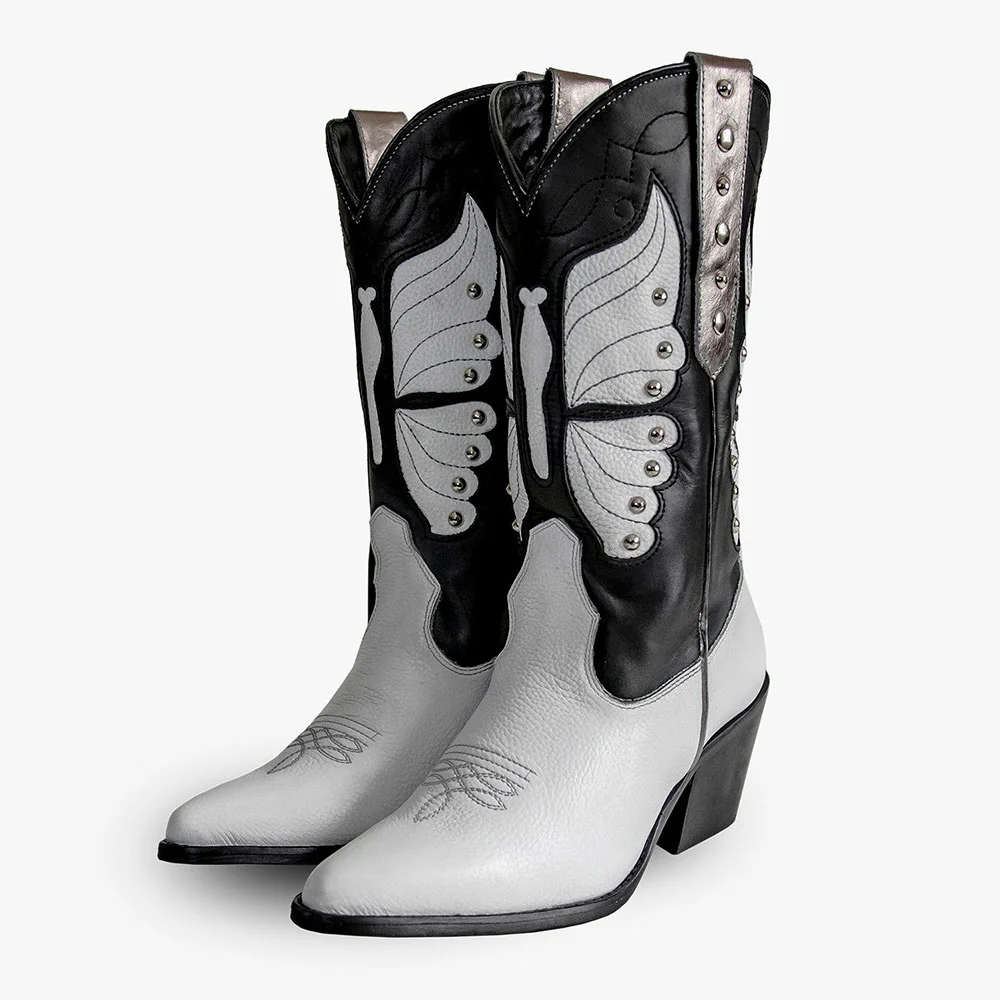 Black & White Pointed Toe Chunky Heel Studded Western Boots for Women