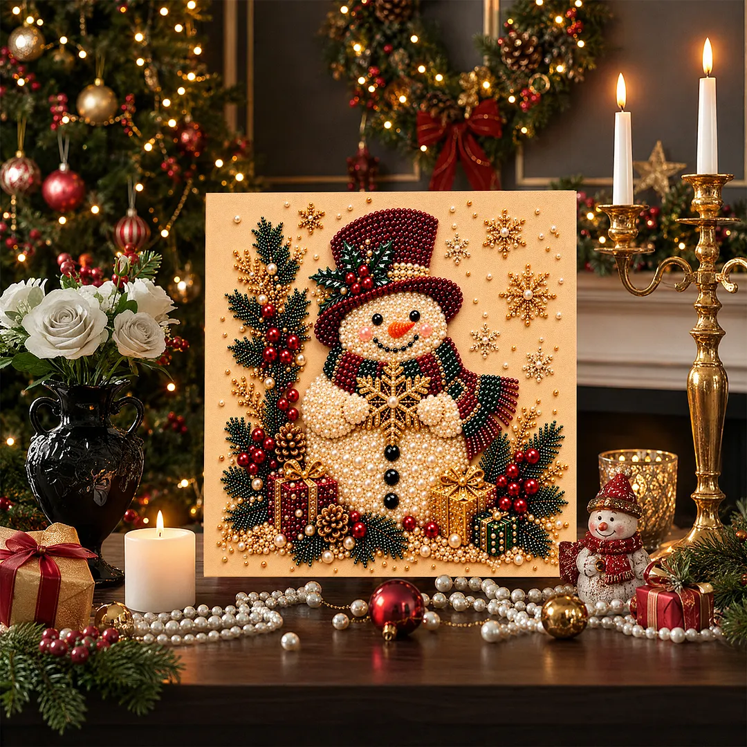 Framed Pearl Painting Kit Snowman Red Hat 7.87x7.87in