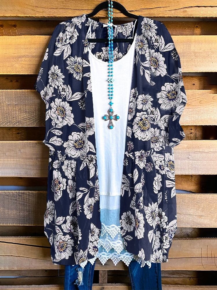 Plus Size Casual Printed Kimono P180220861