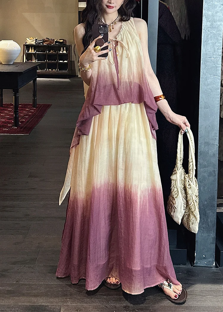 Chic Purple V Neck Ruffled False Two Pieces Linen Silk Dress Summer