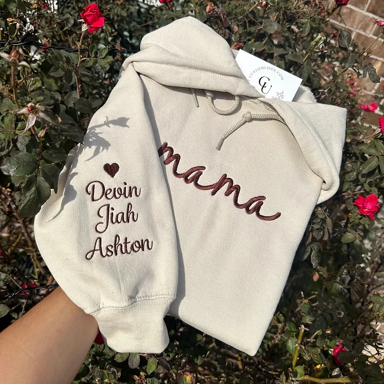 Custom Mama Embroidered Sweatshirt with Kids Names Sleeves