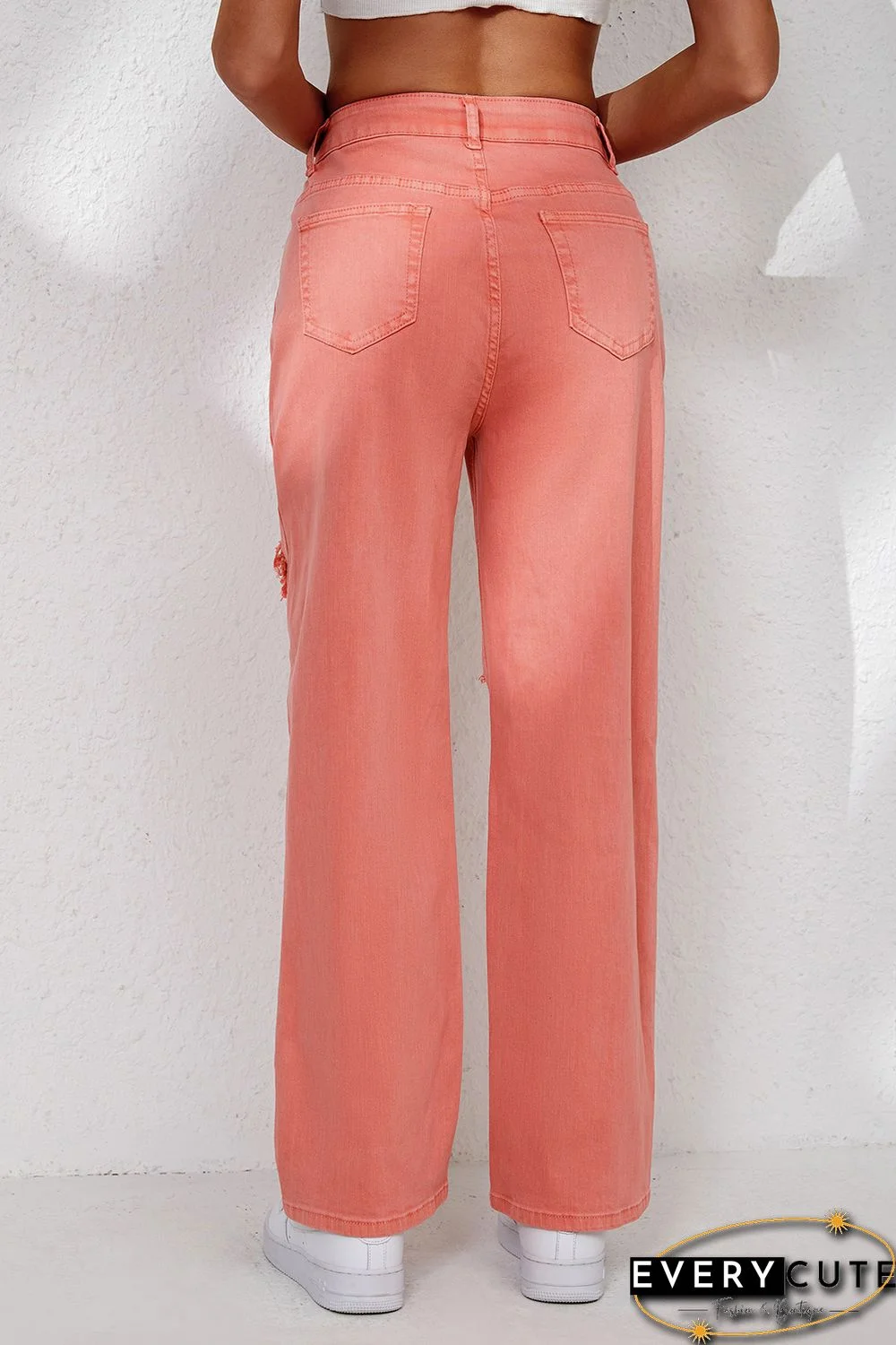 Pink High Waist Ripped Straight Leg Pocket Jeans