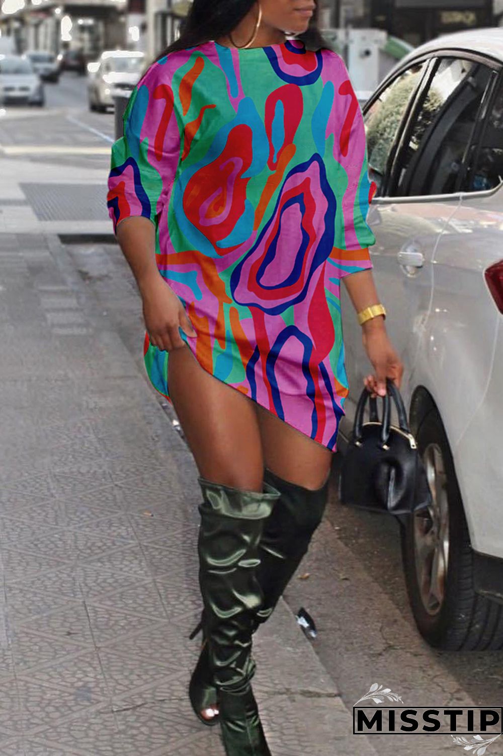 Purple Fashion Casual Print Basic O Neck Long Sleeve Plus Size Dresses