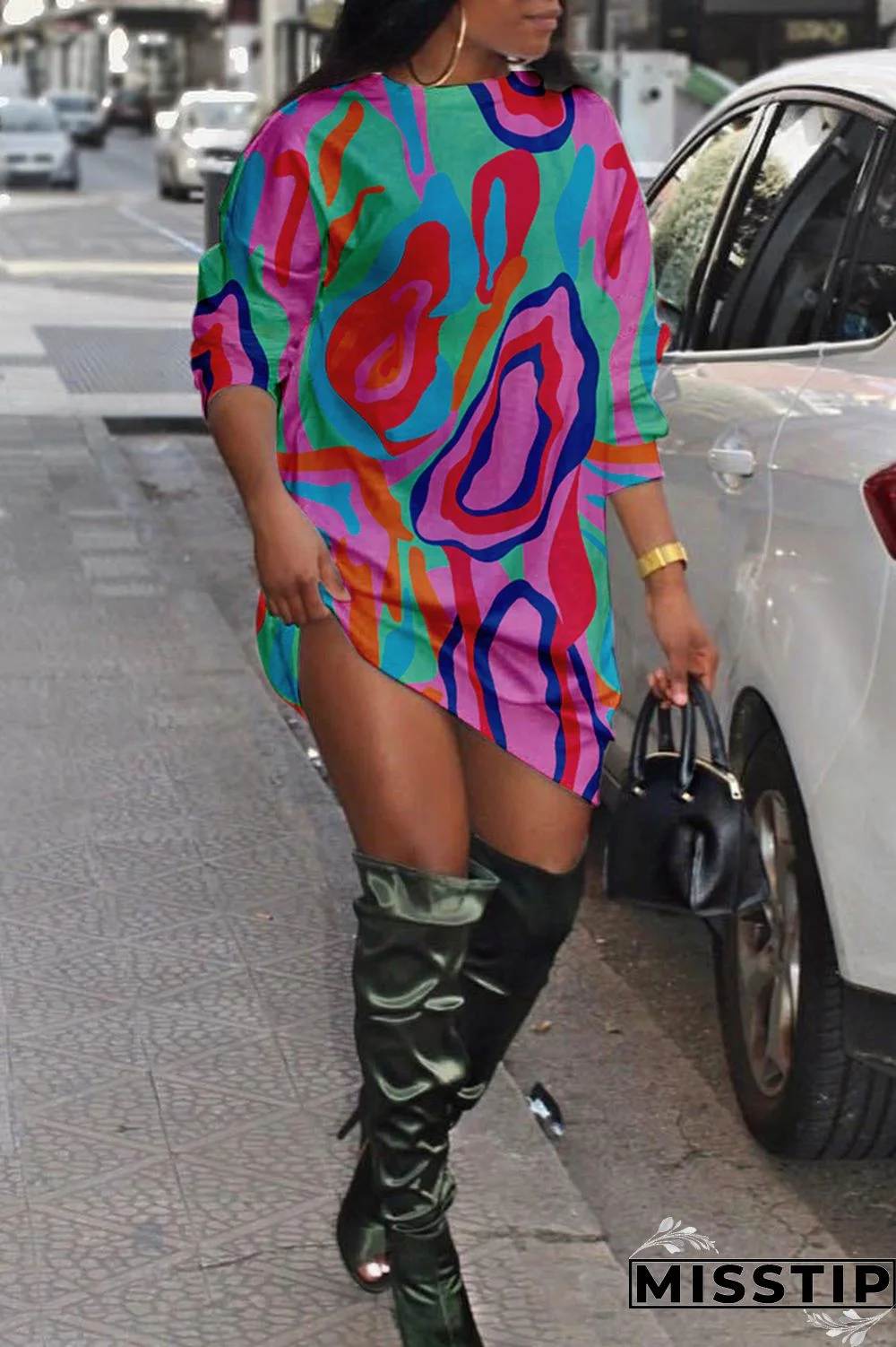 Purple Fashion Casual Print Basic O Neck Long Sleeve Plus Size Dresses