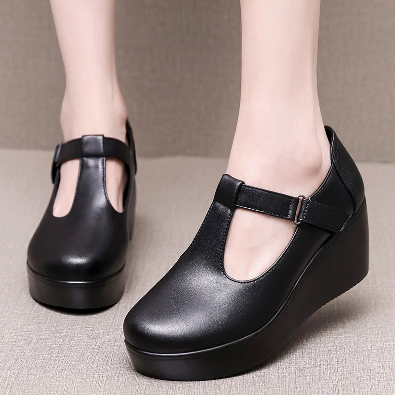 Breakj Breakj With Round Head Slope And Soft Soles Of Mother Leather Shoes Spring And Autumn Waterproof Table Thick-Soled Loose Cake Shallow Magic Stick Single Shoes Women