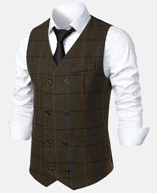 Business V Neck Double Breasted Plaid Vest Okaywear