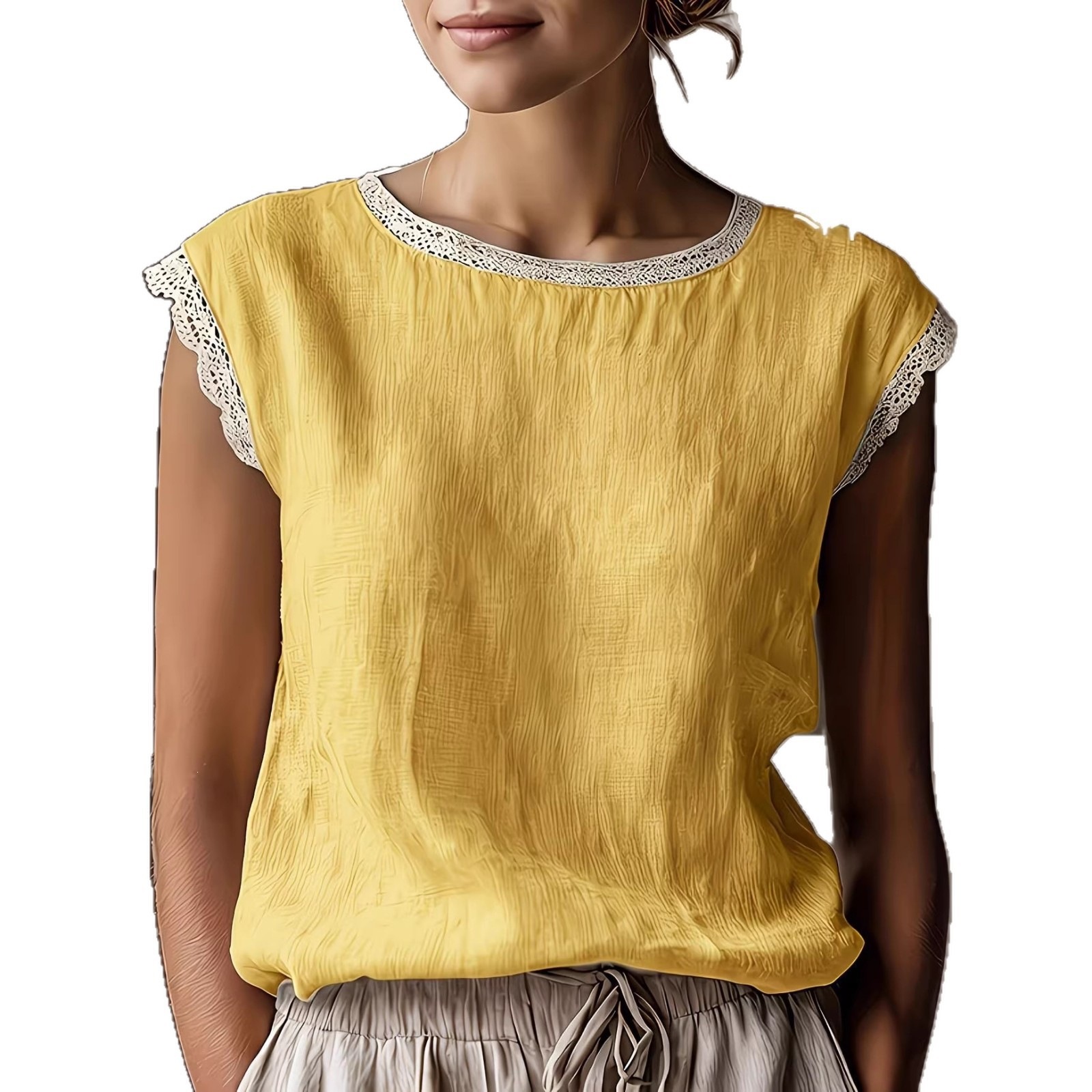 Solid Lace Trim Sleeveless Blouse